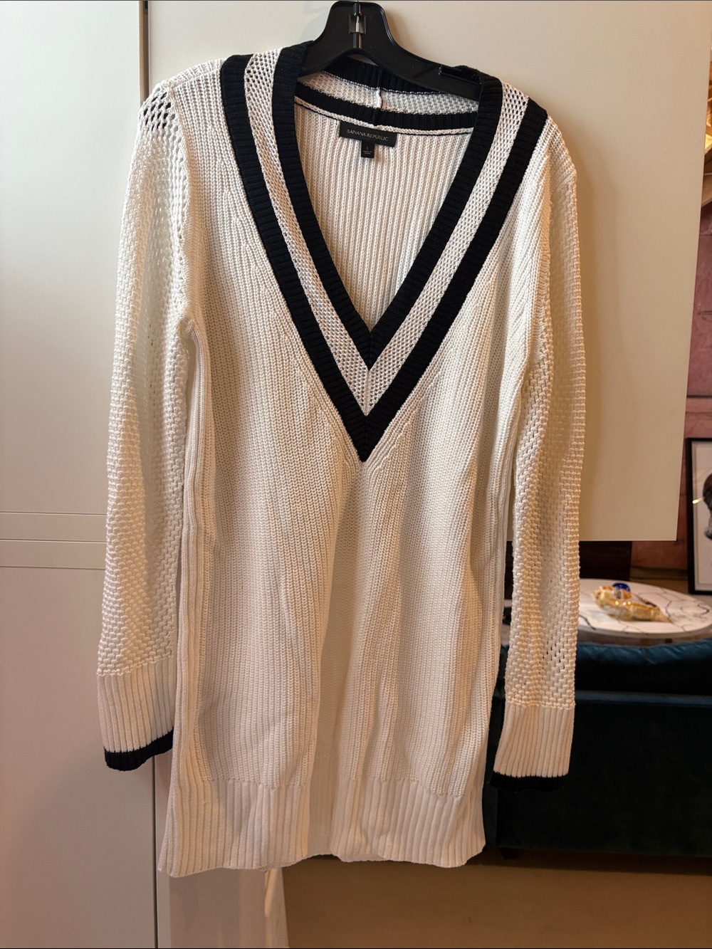 Banana Republic Cream V-Neck Sweater with Black Trim Details